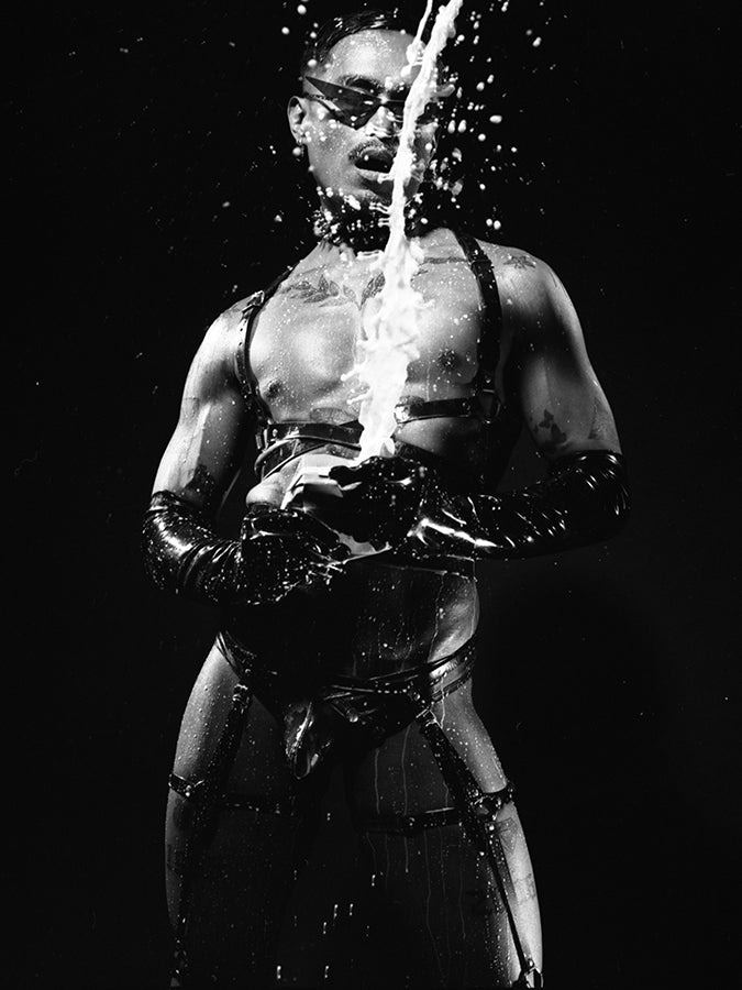 Milking I Black and White Analogue Fine Art Print Male Model in latex